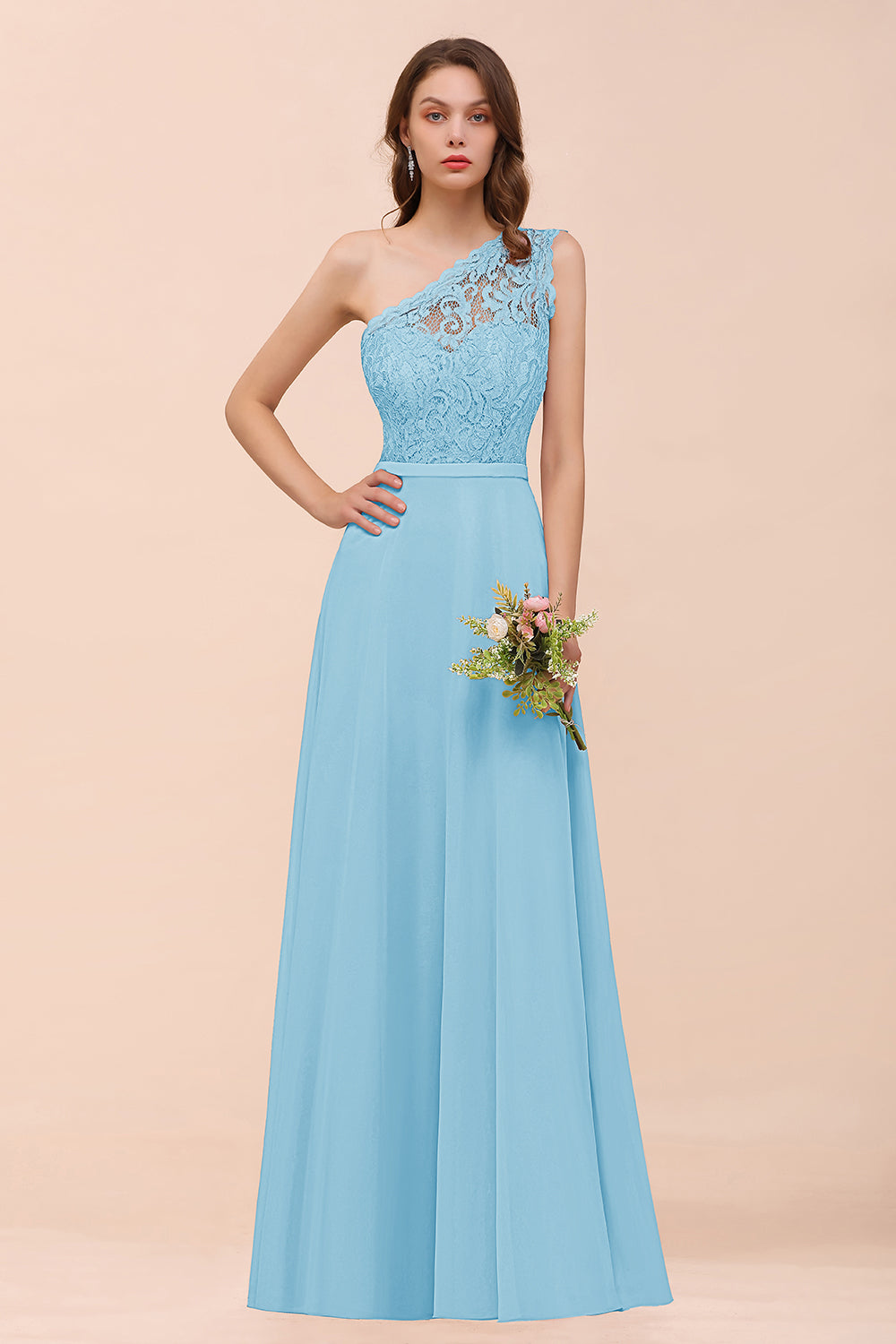 New Arrival Dusty Rose One Shoulder Lace Long Bridesmaid Dress-Babyonlines