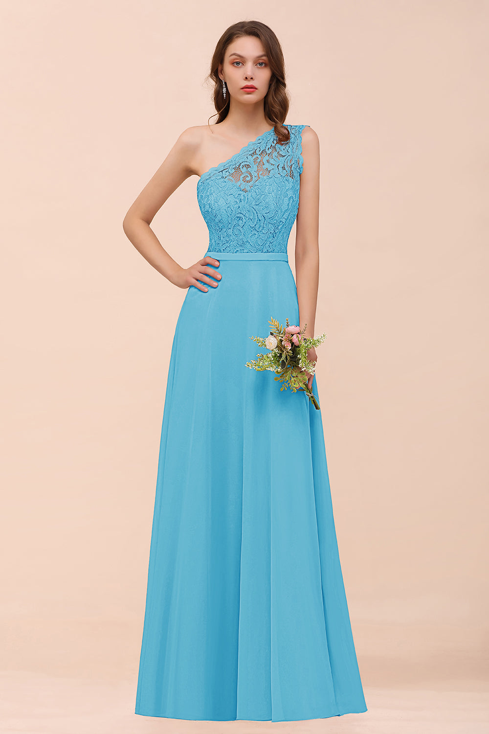New Arrival Dusty Rose One Shoulder Lace Long Bridesmaid Dress-Babyonlines