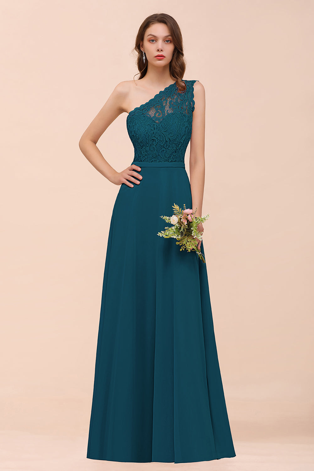 New Arrival Dusty Rose One Shoulder Lace Long Bridesmaid Dress-Babyonlines