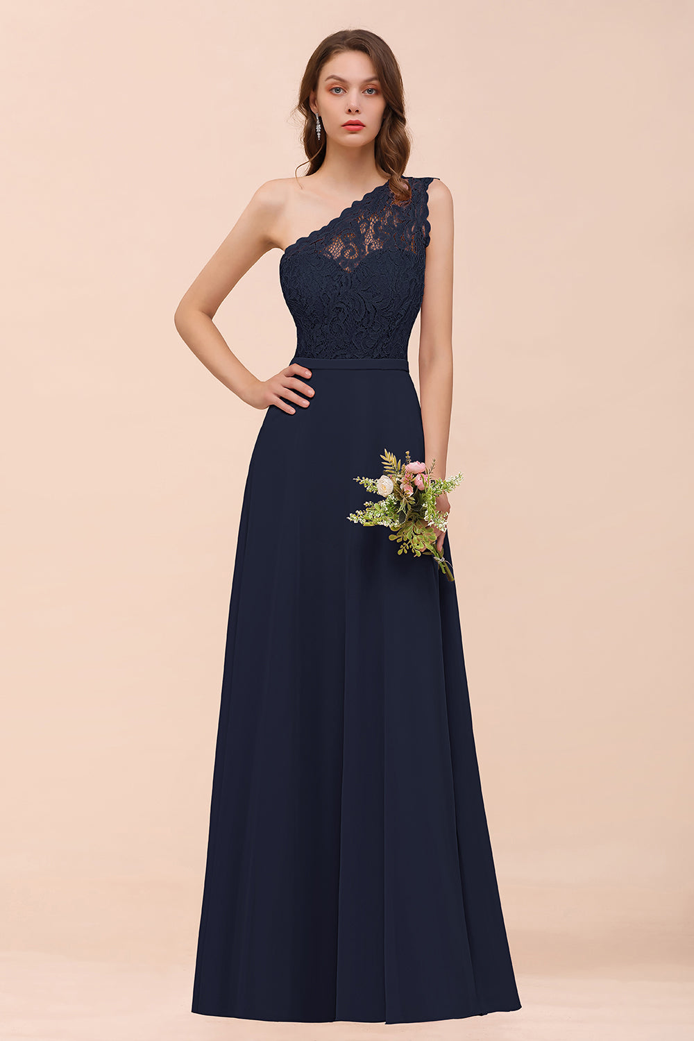 New Arrival Dusty Rose One Shoulder Lace Long Bridesmaid Dress-Babyonlines