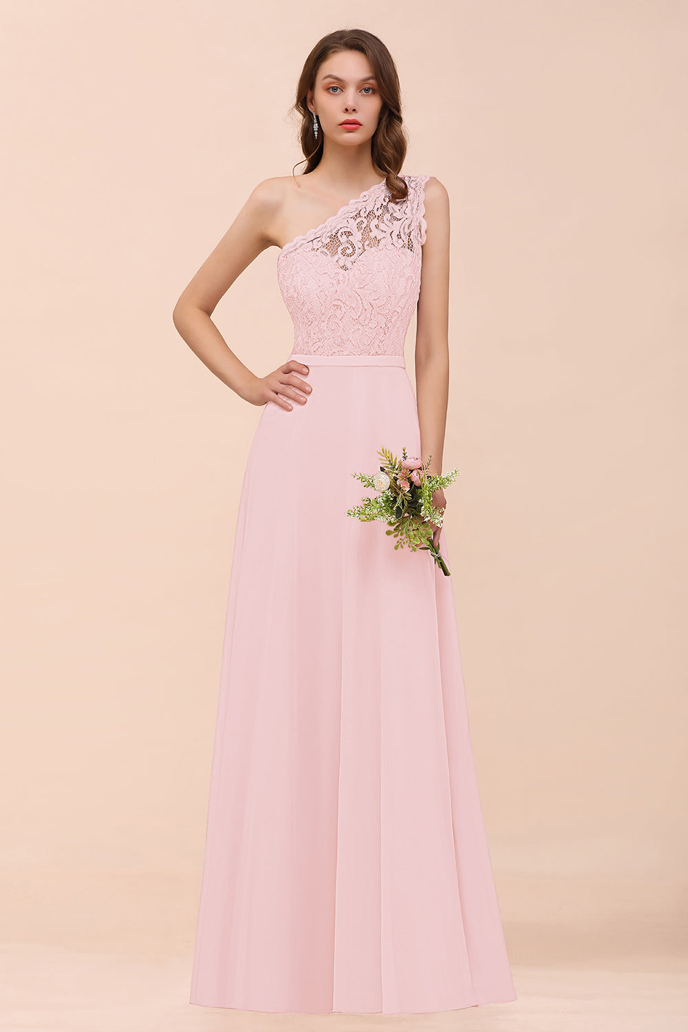 New Arrival Dusty Rose One Shoulder Lace Long Bridesmaid Dress-Babyonlines