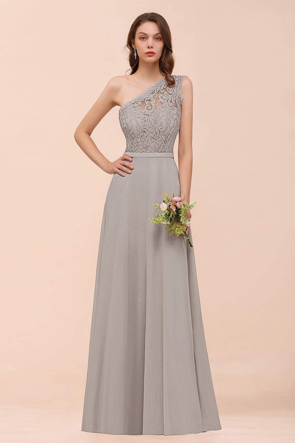 New Arrival Dusty Rose One Shoulder Lace Long Bridesmaid Dress-Babyonlines