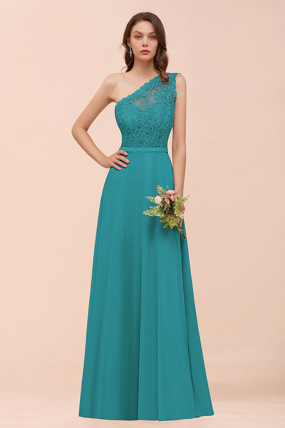 New Arrival Dusty Rose One Shoulder Lace Long Bridesmaid Dress-Babyonlines