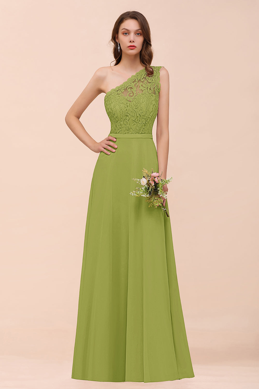New Arrival Dusty Rose One Shoulder Lace Long Bridesmaid Dress-Babyonlines