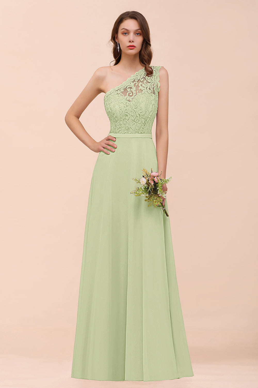 New Arrival Dusty Rose One Shoulder Lace Long Bridesmaid Dress-Babyonlines