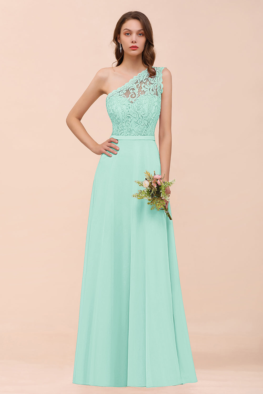 New Arrival Dusty Rose One Shoulder Lace Long Bridesmaid Dress-Babyonlines
