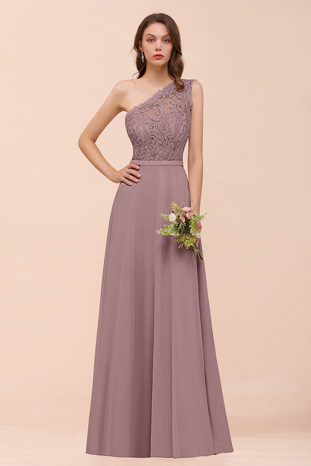 New Arrival Dusty Rose One Shoulder Lace Long Bridesmaid Dress-Babyonlines
