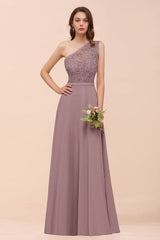 New Arrival Dusty Rose One Shoulder Lace Long Bridesmaid Dress-Babyonlines