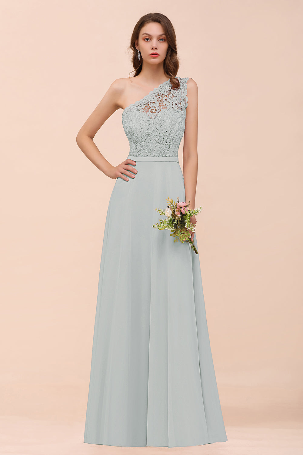 New Arrival Dusty Rose One Shoulder Lace Long Bridesmaid Dress-Babyonlines