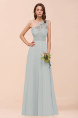 New Arrival Dusty Rose One Shoulder Lace Long Bridesmaid Dress-Babyonlines