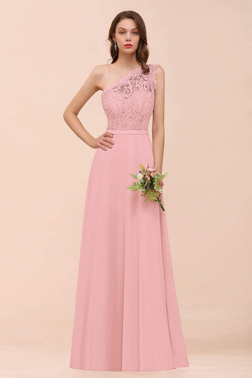 New Arrival Dusty Rose One Shoulder Lace Long Bridesmaid Dress-Babyonlines