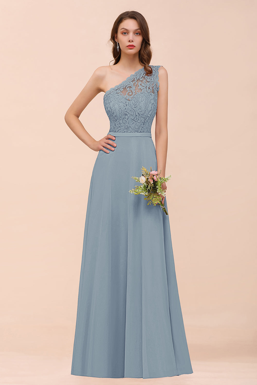 New Arrival Dusty Rose One Shoulder Lace Long Bridesmaid Dress-Babyonlines