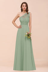 New Arrival Dusty Rose One Shoulder Lace Long Bridesmaid Dress-Babyonlines