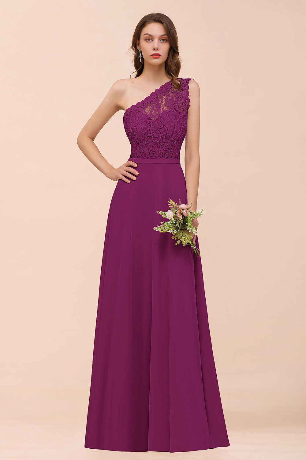 New Arrival Dusty Rose One Shoulder Lace Long Bridesmaid Dress-Babyonlines