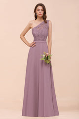 New Arrival Dusty Rose One Shoulder Lace Long Bridesmaid Dress-Babyonlines