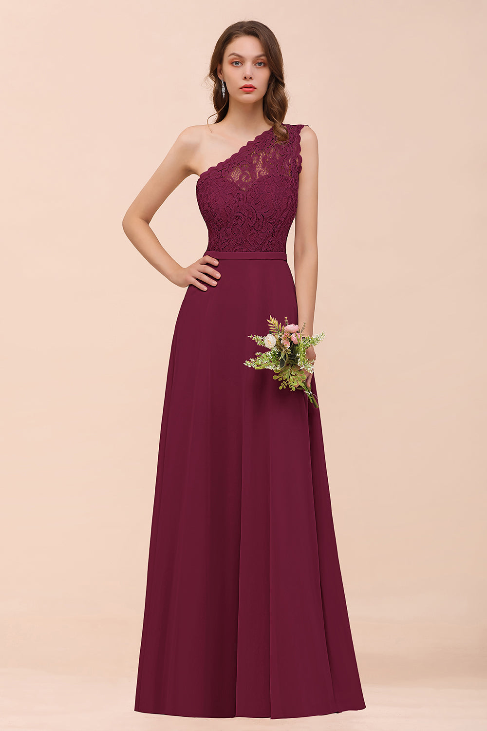 New Arrival Dusty Rose One Shoulder Lace Long Bridesmaid Dress-Babyonlines