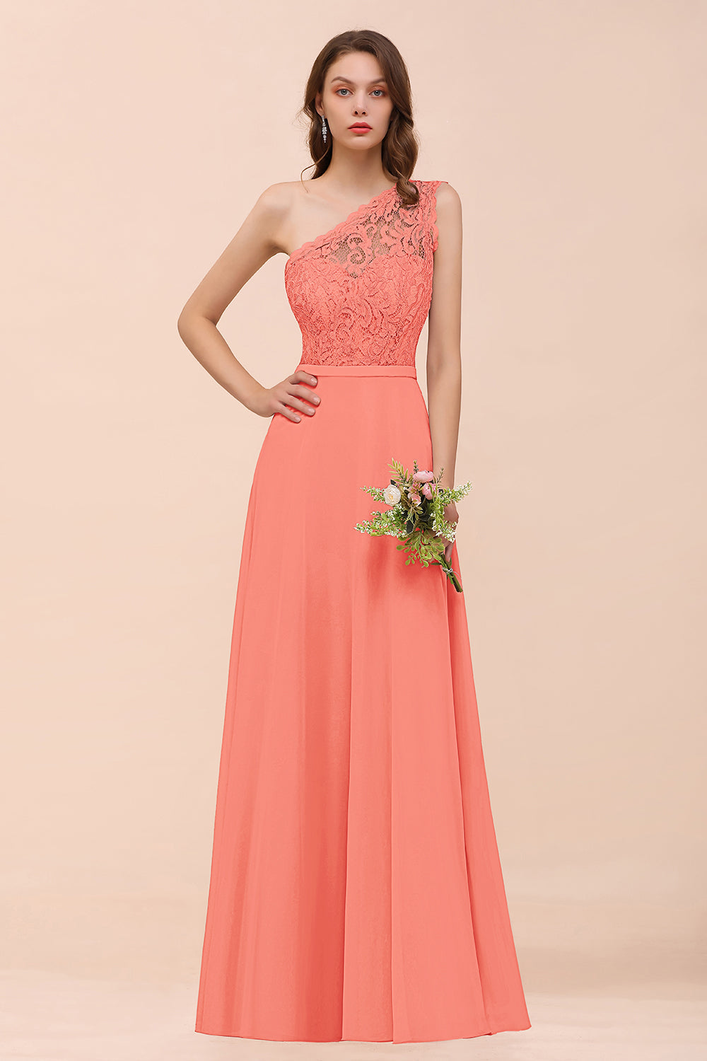 New Arrival Dusty Rose One Shoulder Lace Long Bridesmaid Dress-Babyonlines