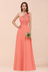 New Arrival Dusty Rose One Shoulder Lace Long Bridesmaid Dress-Babyonlines