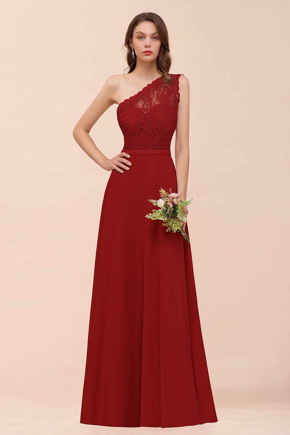 New Arrival Dusty Rose One Shoulder Lace Long Bridesmaid Dress-Babyonlines
