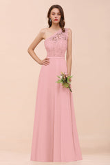 New Arrival Dusty Rose One Shoulder Lace Long Bridesmaid Dress-Babyonlines