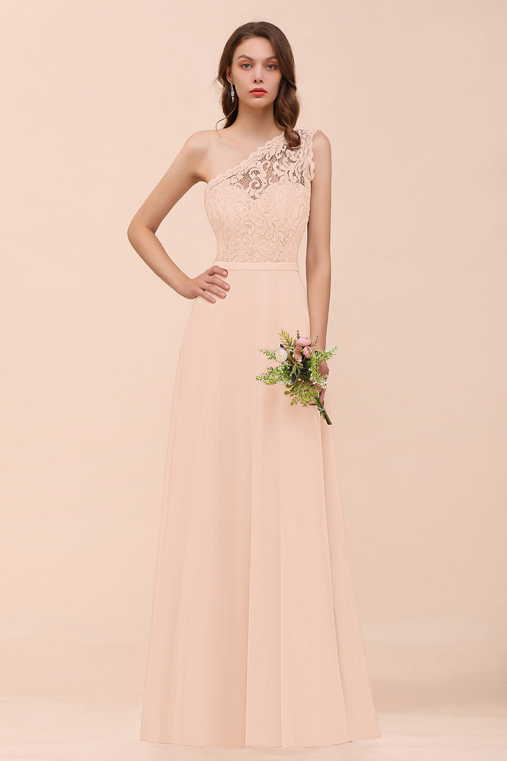 New Arrival Dusty Rose One Shoulder Lace Long Bridesmaid Dress-Babyonlines