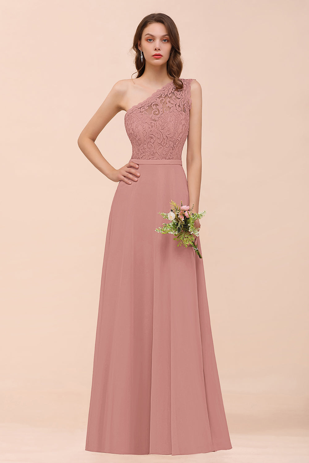 New Arrival Dusty Rose One Shoulder Lace Long Bridesmaid Dress-Babyonlines