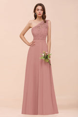 New Arrival Dusty Rose One Shoulder Lace Long Bridesmaid Dress-Babyonlines