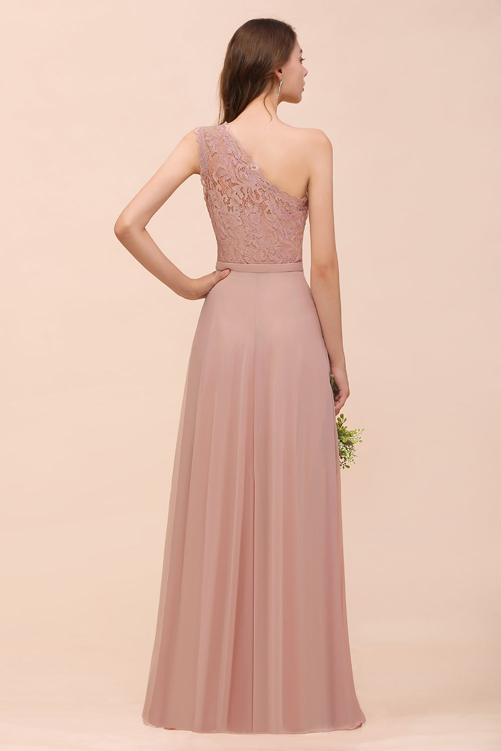 New Arrival Dusty Rose One Shoulder Lace Long Bridesmaid Dress-Babyonlines