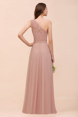 New Arrival Dusty Rose One Shoulder Lace Long Bridesmaid Dress-Babyonlines
