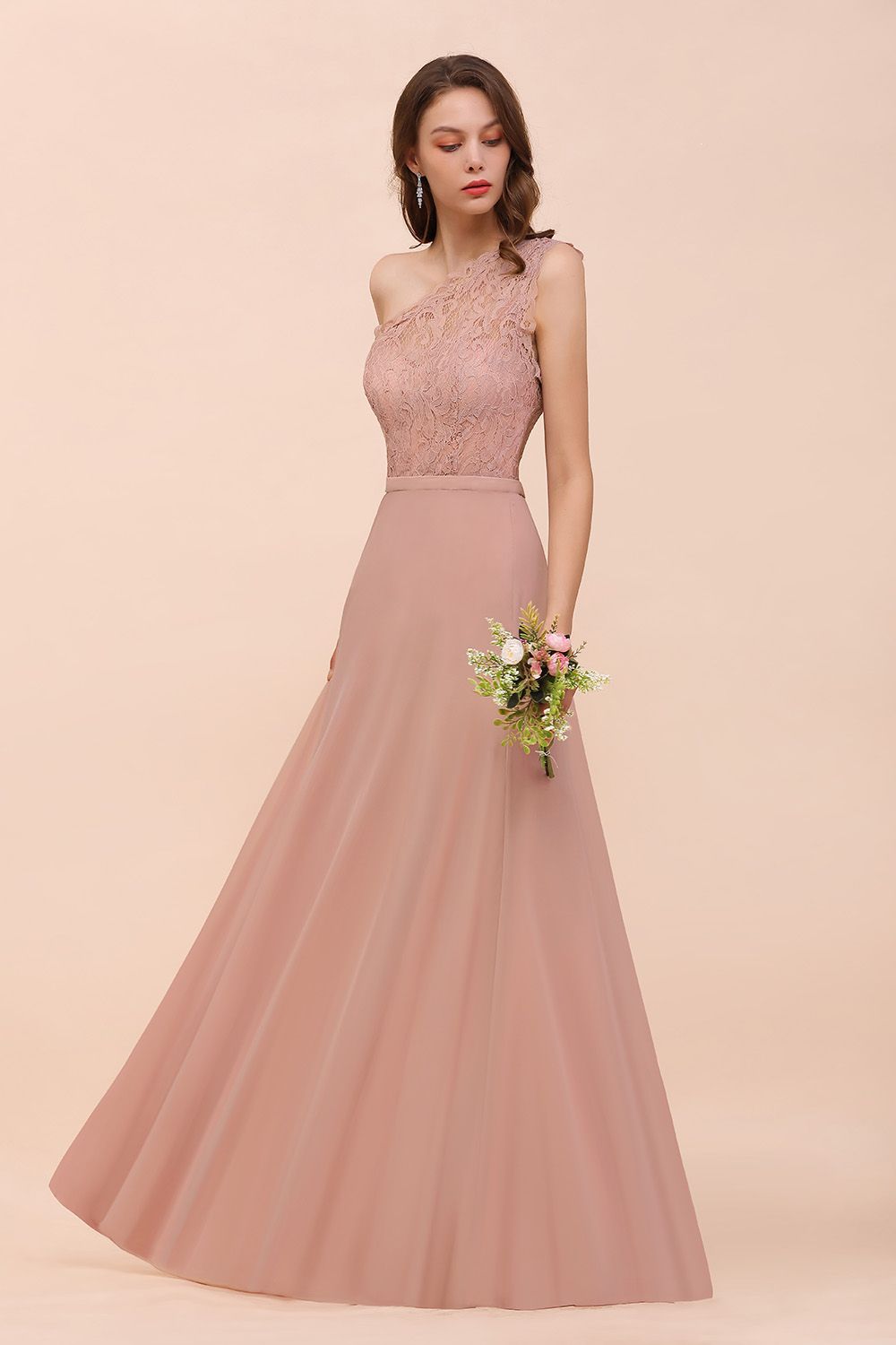 New Arrival Dusty Rose One Shoulder Lace Long Bridesmaid Dress-Babyonlines