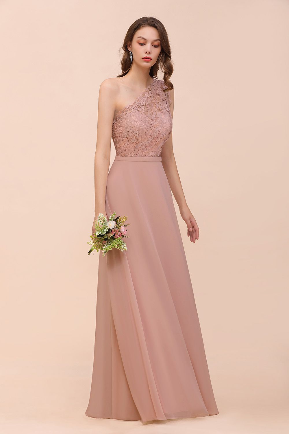 New Arrival Dusty Rose One Shoulder Lace Long Bridesmaid Dress-Babyonlines