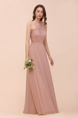 New Arrival Dusty Rose One Shoulder Lace Long Bridesmaid Dress-Babyonlines