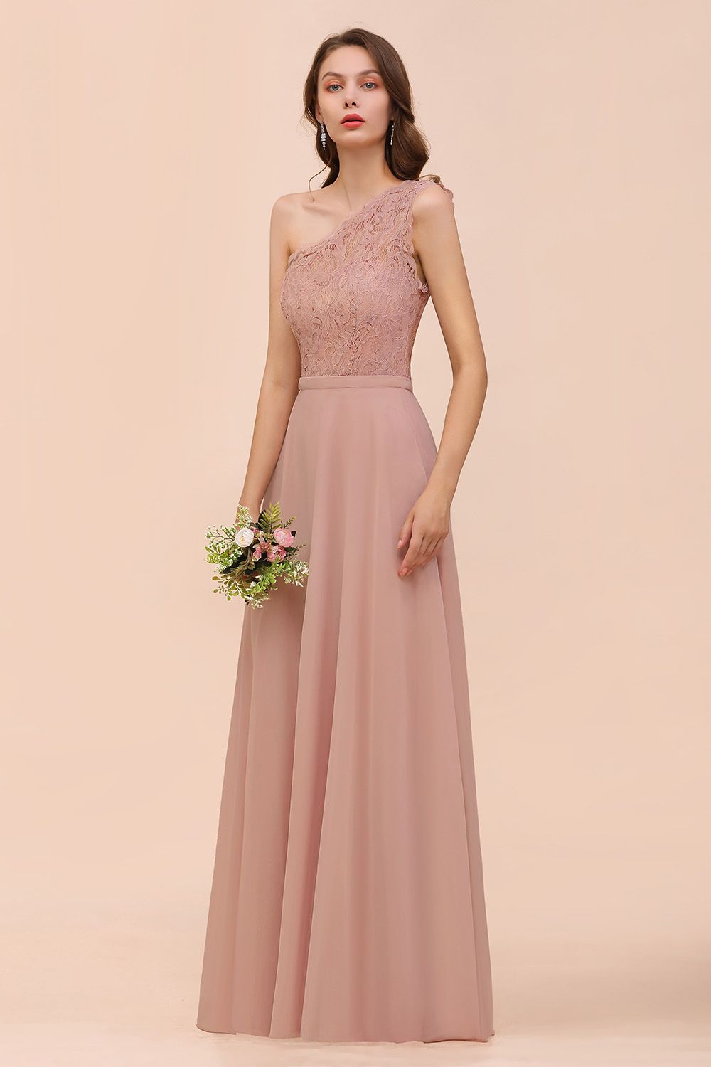 New Arrival Dusty Rose One Shoulder Lace Long Bridesmaid Dress-Babyonlines