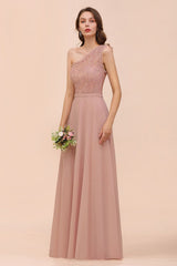 New Arrival Dusty Rose One Shoulder Lace Long Bridesmaid Dress-Babyonlines