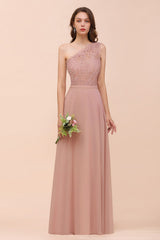 New Arrival Dusty Rose One Shoulder Lace Long Bridesmaid Dress-Babyonlines