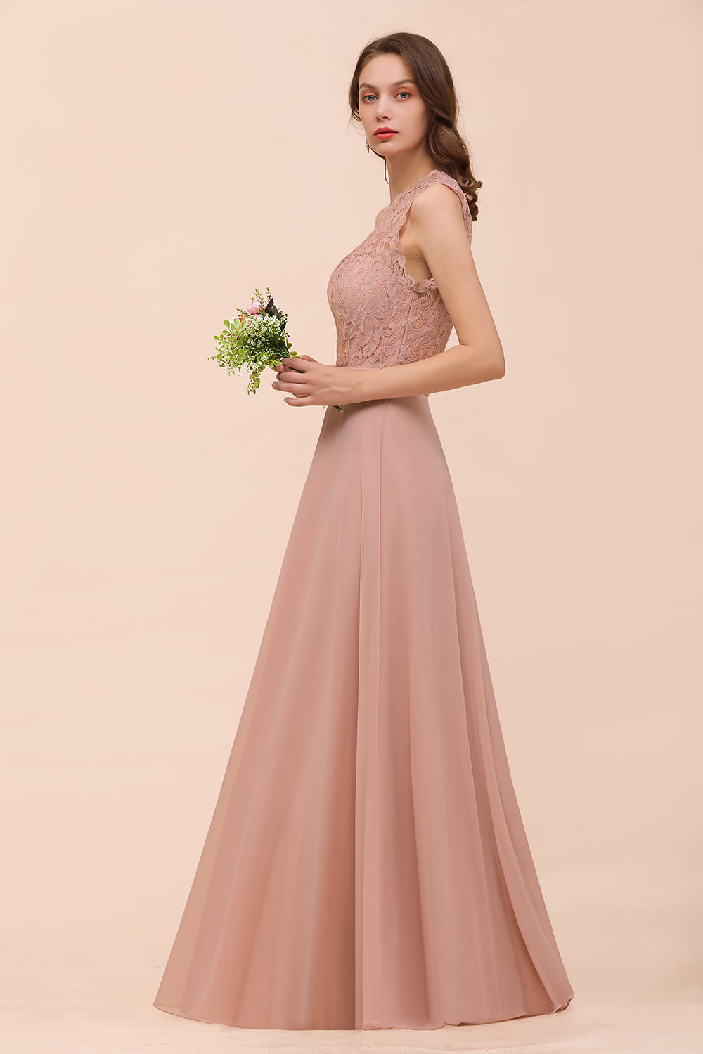 New Arrival Dusty Rose One Shoulder Lace Long Bridesmaid Dress-Babyonlines