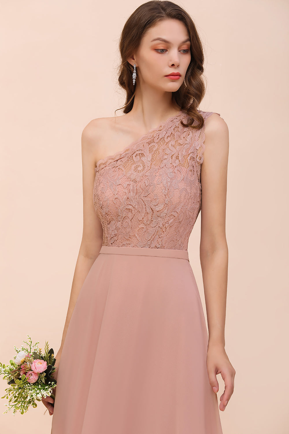 New Arrival Dusty Rose One Shoulder Lace Long Bridesmaid Dress-Babyonlines
