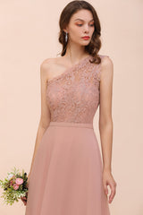 New Arrival Dusty Rose One Shoulder Lace Long Bridesmaid Dress-Babyonlines