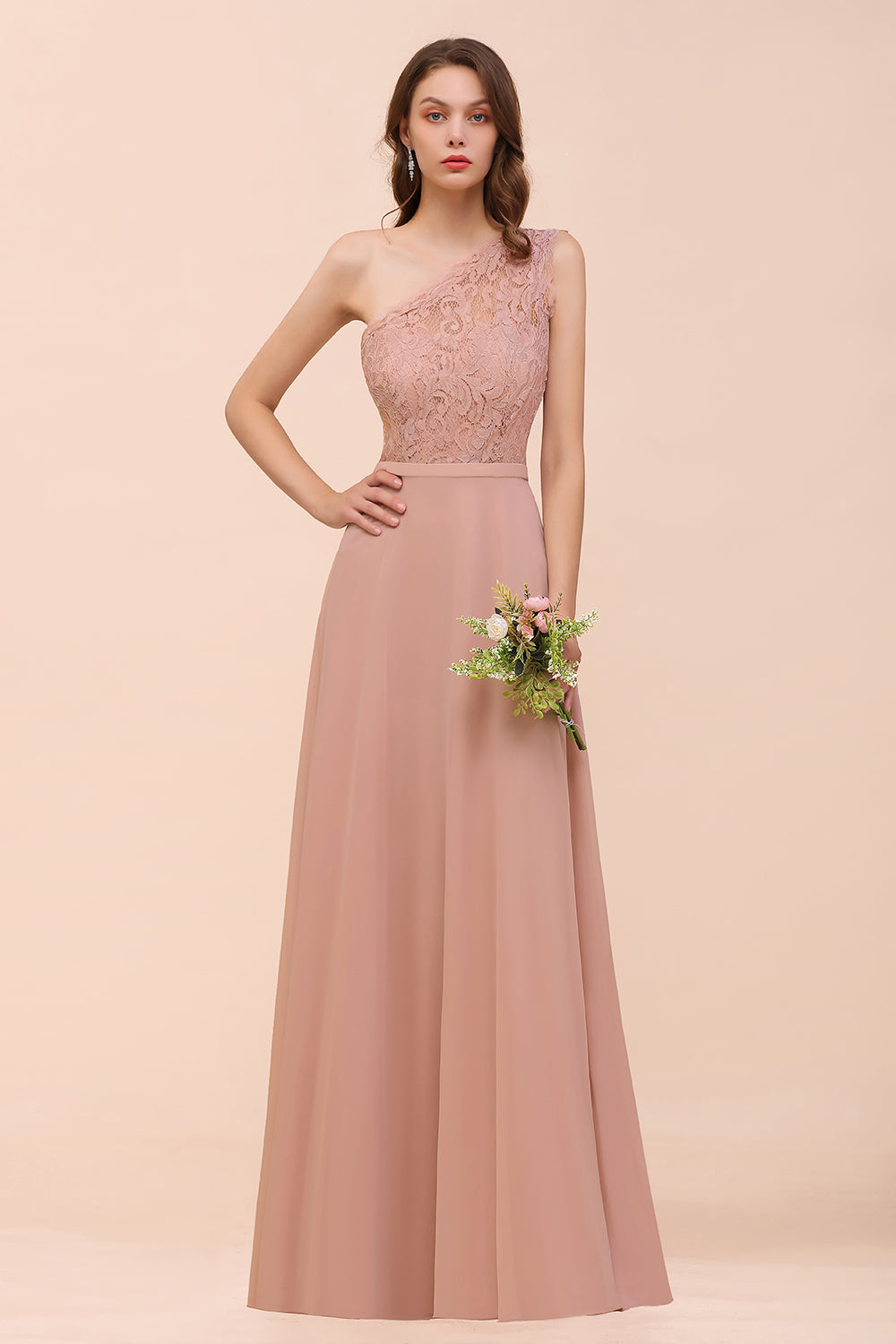 New Arrival Dusty Rose One Shoulder Lace Long Bridesmaid Dress-Babyonlines