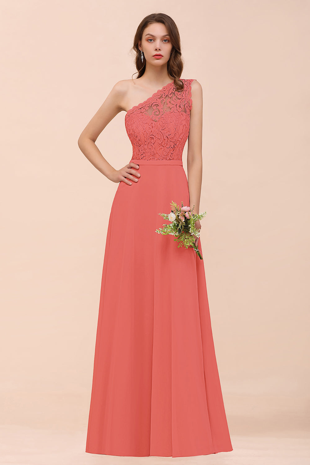 New Arrival Dusty Rose One Shoulder Lace Long Bridesmaid Dress-Babyonlines