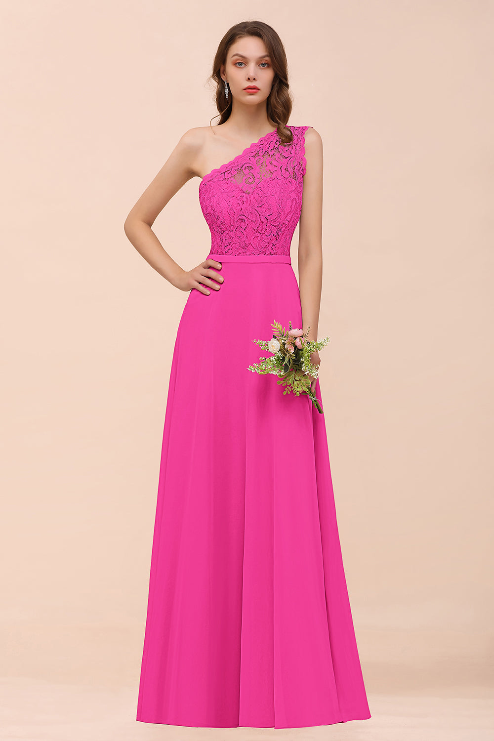 New Arrival Dusty Rose One Shoulder Lace Long Bridesmaid Dress-Babyonlines