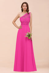 New Arrival Dusty Rose One Shoulder Lace Long Bridesmaid Dress-Babyonlines