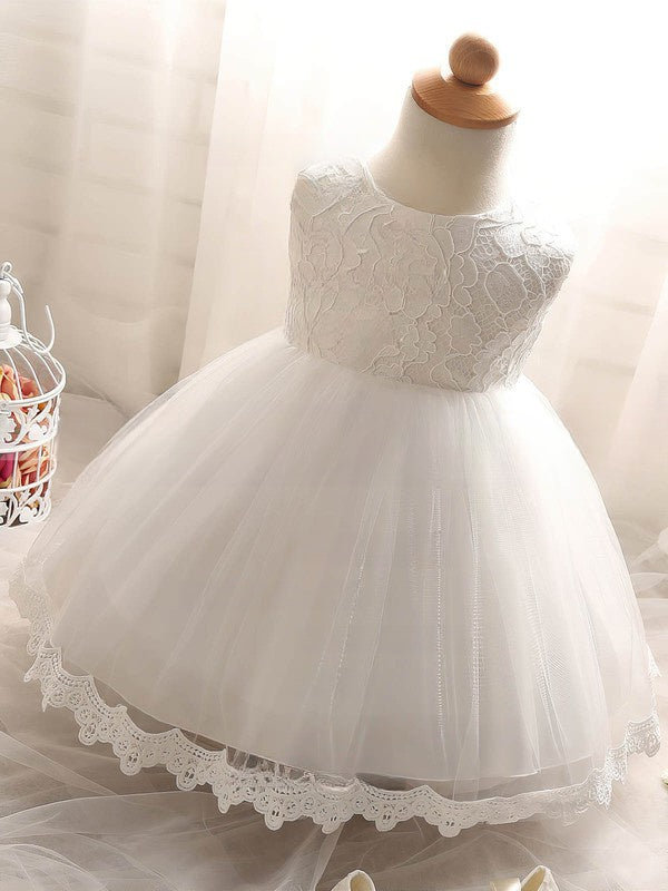 New Arrival Flower Girl Dresses - Ball Gown Scoop Neck Lace Tulle Tea-length Bow