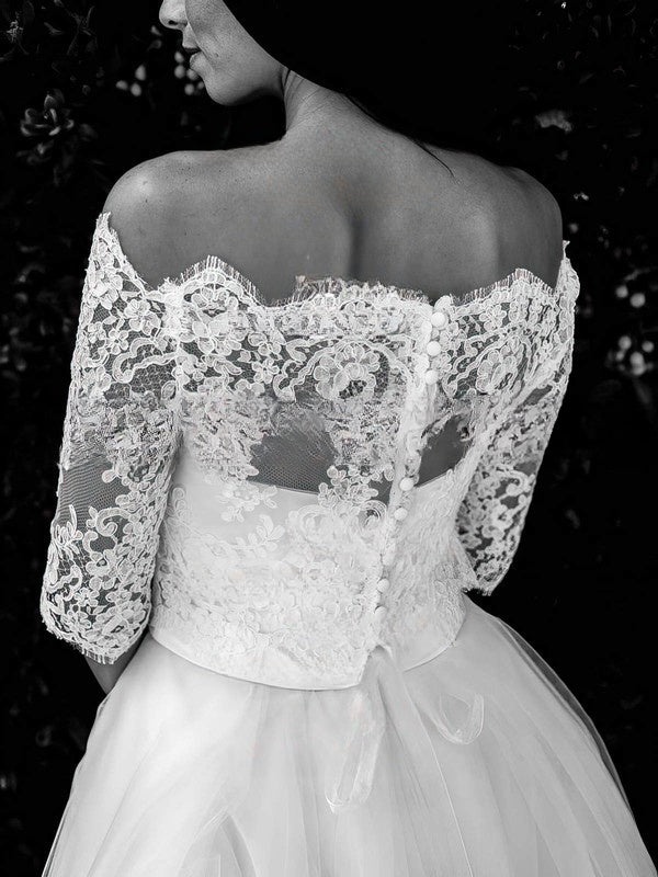 Off-the-shoulder Ball Gown Wedding Dress with Appliques Lace and Tulle Ankle-length