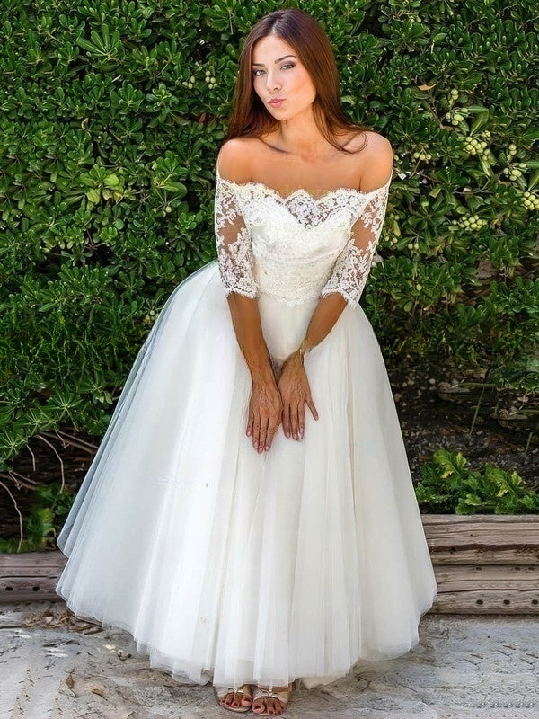 Off-the-shoulder Ball Gown Wedding Dress with Appliques Lace and Tulle Ankle-length