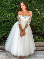 Off-the-shoulder Ball Gown Wedding Dress with Appliques Lace and Tulle Ankle-length