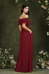 Off-the-Shoulder Bridesmaid Dress Ruffles With Slit-Babyonlines