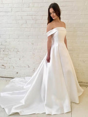 Off-the-shoulder Satin Court Train Wedding Dress for a Magical Look