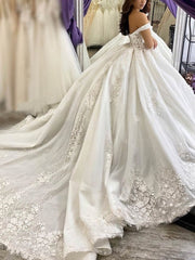 Off-the-shoulder Satin Court Train Wedding Dress with Appliques Lace