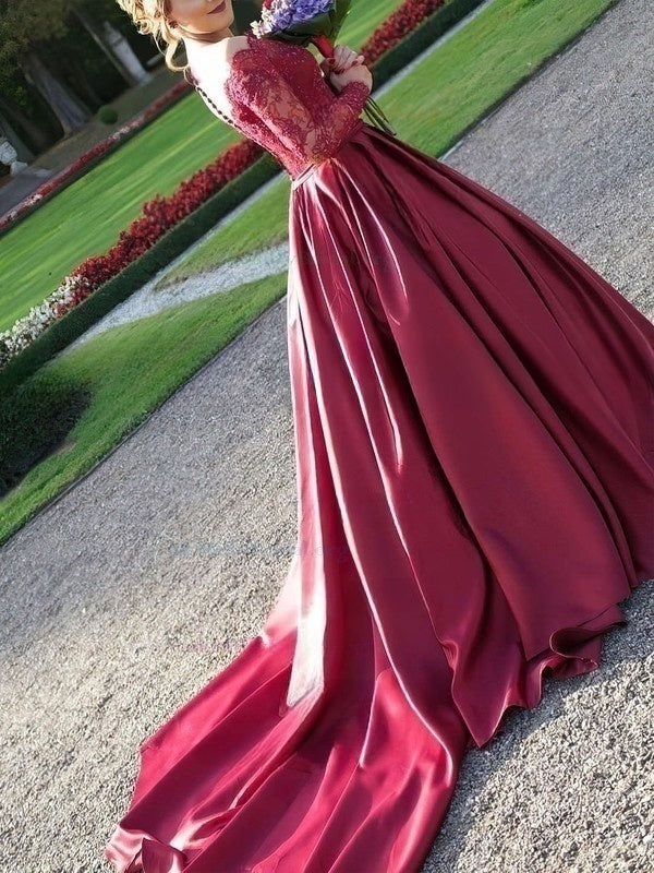 Off-the-shoulder Satin Watteau Train Wedding Dress With Appliques Lace